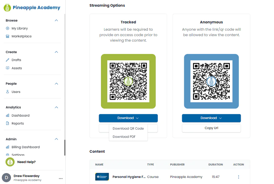 platform screenshot with QR codes and options to download