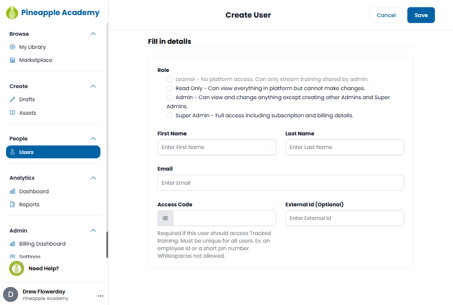 Pineapple Academy - Platform, New User Setup